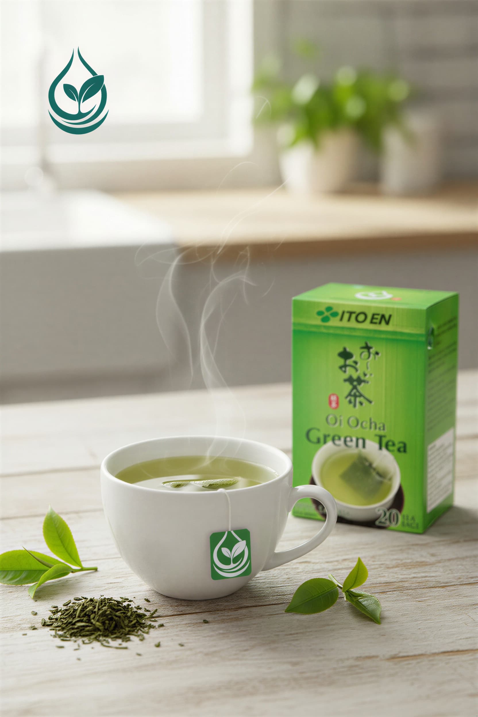 A cup of freshly brewed Oi Ocha green tea beside a box of twenty ITO EN tea bags